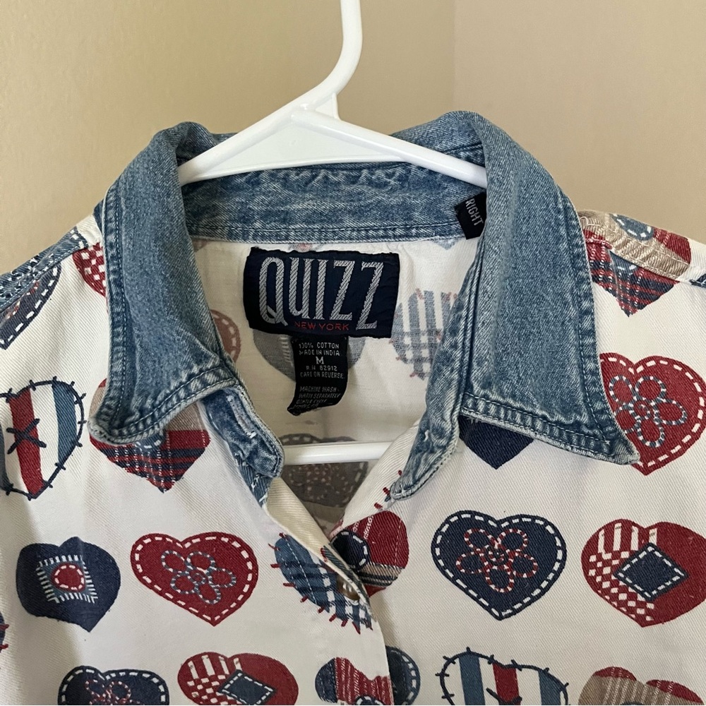 Quizz Denim New York Patchwork Heart short sleeve button down 100% cotton sz M